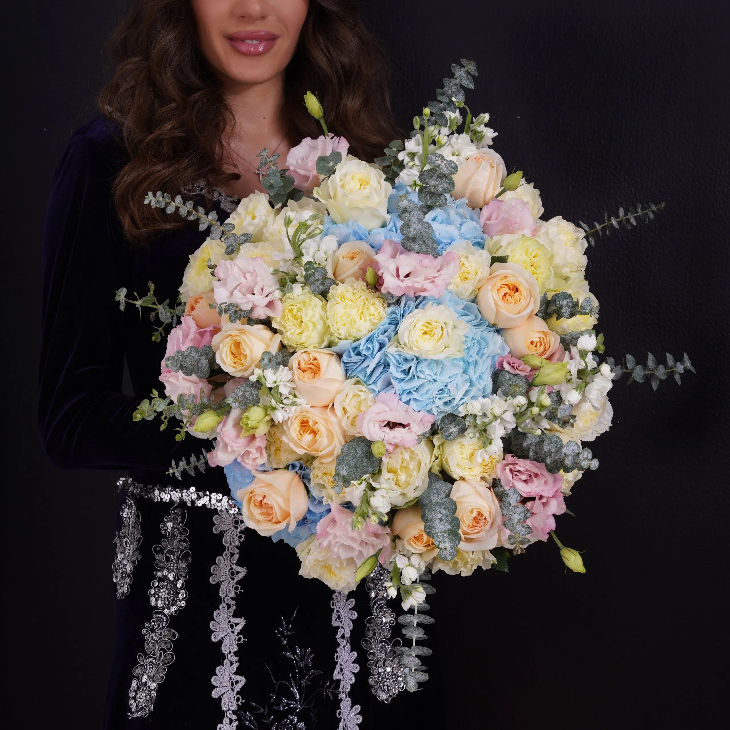 Anahit — royal blue roses & white orchids, hand-tied bouquet by Ecoroses | flower delivery Los Angeles