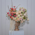 Adelina luxury vase arrangement — peach ranunculus, Garden Spirit roses, lisianthus, and cascading amaranthus in glass vase | Ecoroses Los Angeles