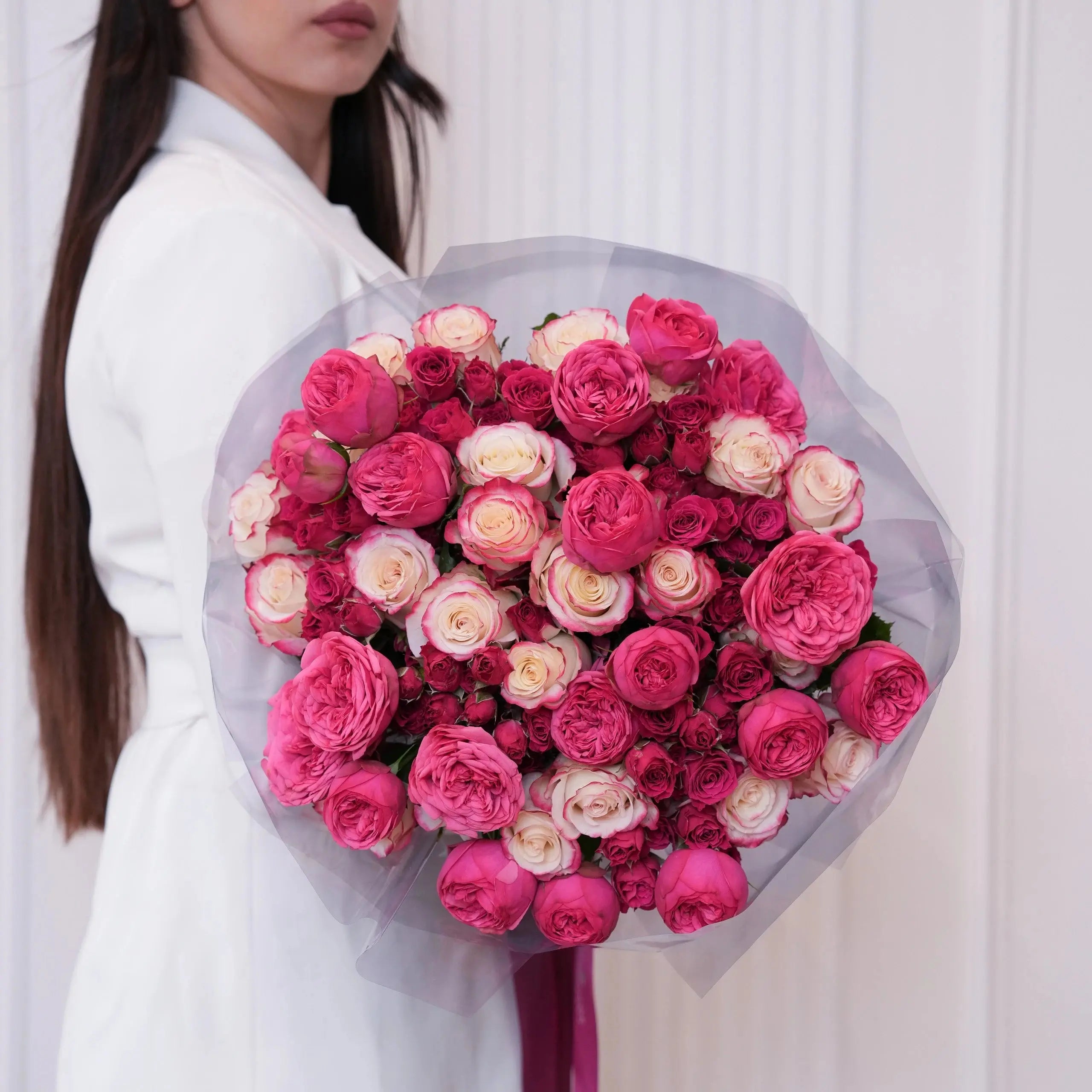 Vivienne — fuchsia & blush roses bouquet, hand-tied by Ecoroses | flower delivery Los Angeles