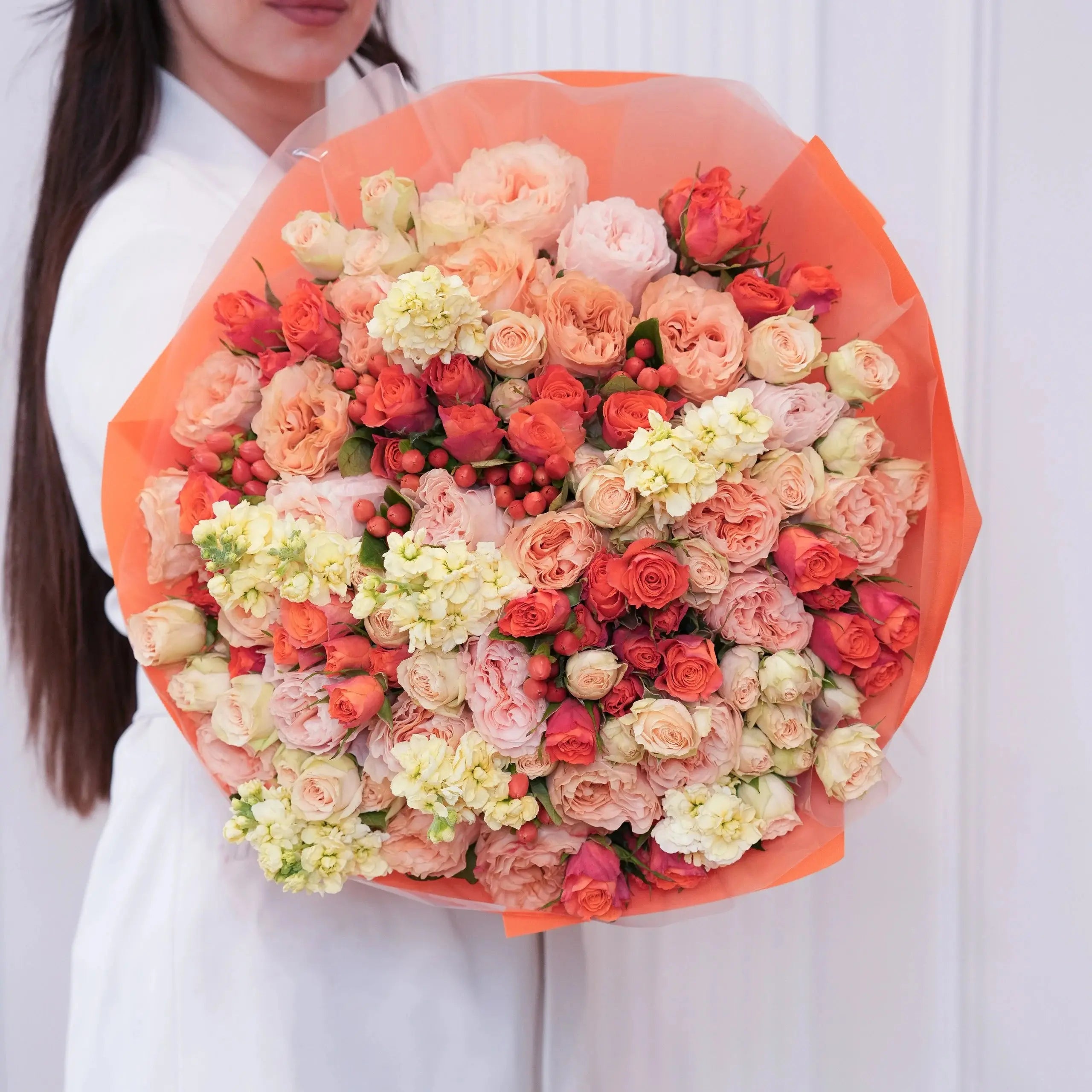 Solene — coral & apricot roses bouquet, hand-tied by Ecoroses | flower delivery Los Angeles