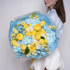 Solenne — yellow roses & blue hydrangea bouquet, hand-tied by Ecoroses | flower delivery Los Angeles