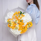 Clarisse — golden roses & white hydrangea bouquet, hand-tied by Ecoroses | flower delivery Los Angeles