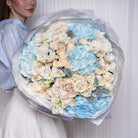 Celestia — blush roses & blue hydrangea bouquet, hand-tied by Ecoroses | flower delivery Los Angeles