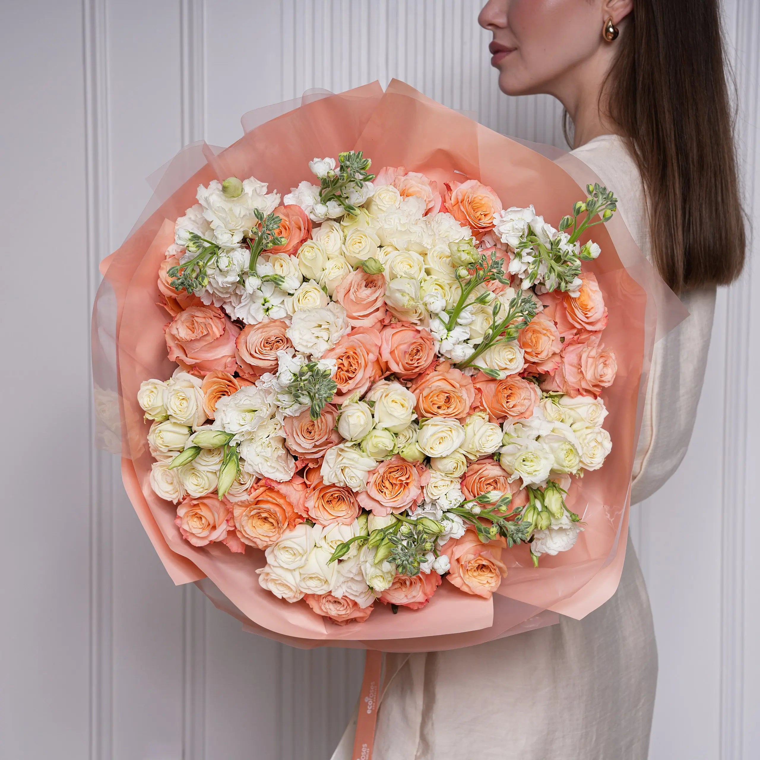 Marcelline — peach & ivory roses bouquet, hand-tied by Ecoroses | flower delivery Los Angeles