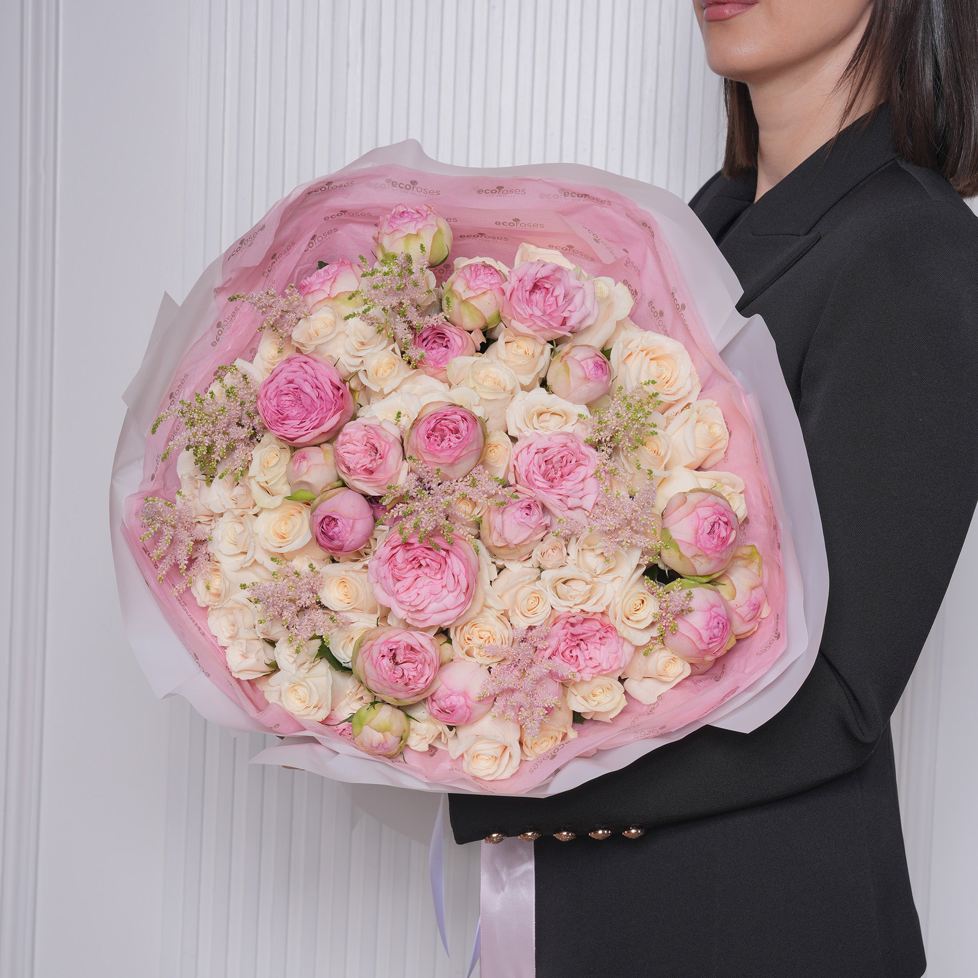Velina luxury bouquet — Vendela roses, Bridal Piano, white baby roses, and astilbe in a soft cream-and-blush hand-tied arrangement | Ecoroses Los Angeles