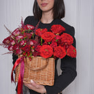 Rossana luxury red rose gift bag — overhead view of the deep red and burgundy designer gift bag arrangement | Ecoroses Los Angeles