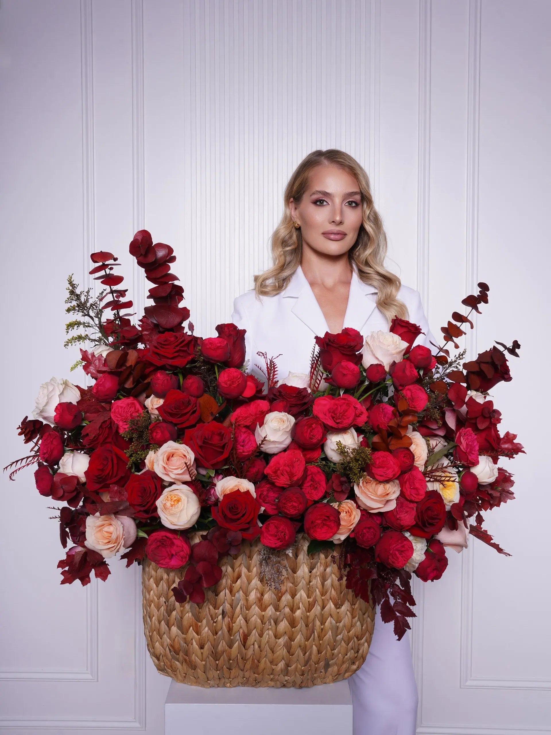 Silvana — scarlet roses & red ranunculus vase arrangement by Ecoroses | flower delivery Los Angeles