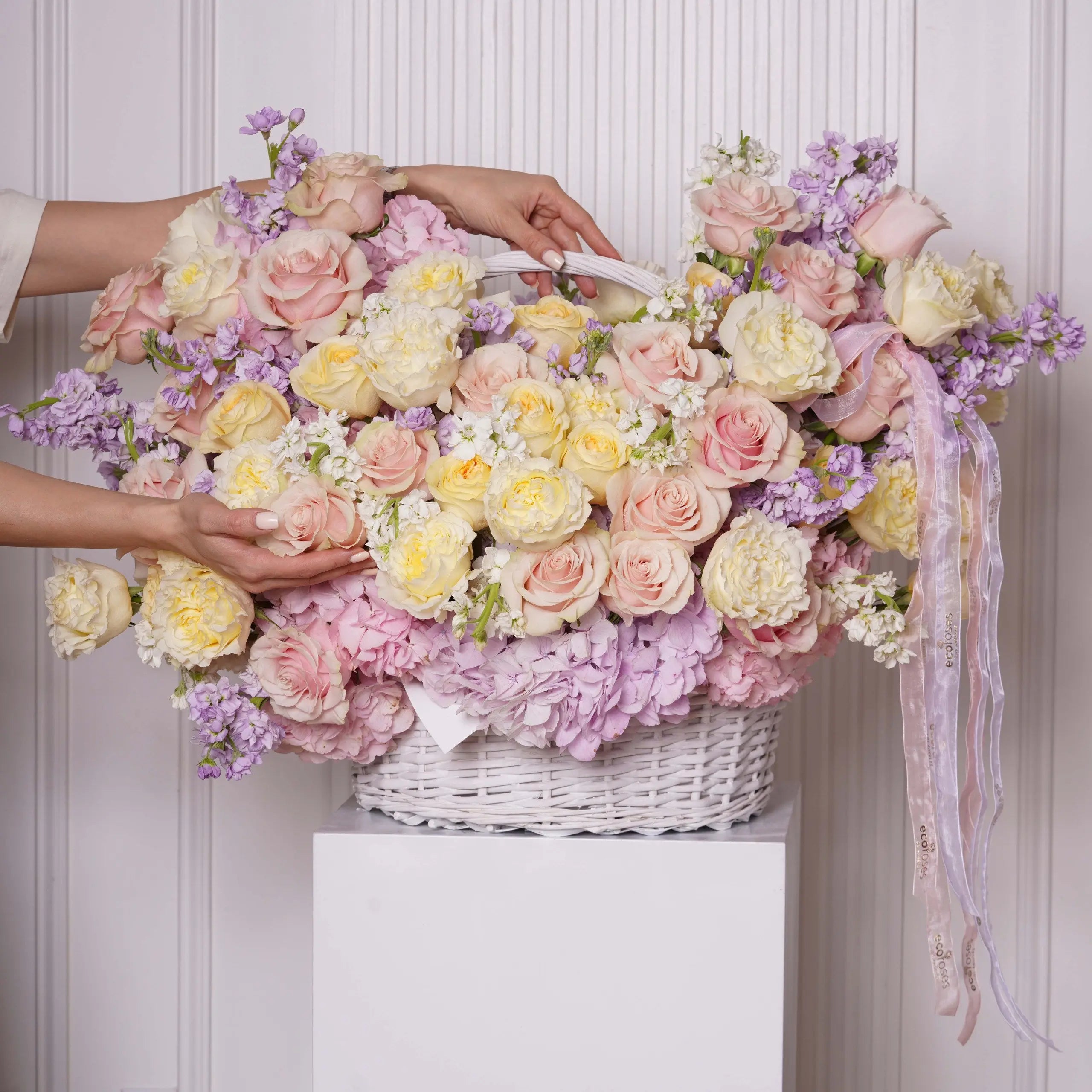 Chiara — yellow roses & blush hydrangea basket, hand-tied by Ecoroses | flower delivery Los Angeles